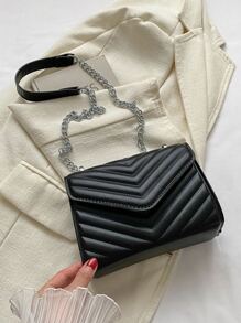 金属 V 形装饰方形单肩包、绗缝链条翻盖晚宴包（带可拆卸链条）、新款 PU 皮革纯色手提包和钱包、轻便斜挎包、办公室通勤购物包、休闲手机零钱斜挎包 - 黑色 - 查看 6