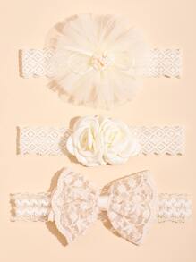 3 件装 女宝宝花朵蕾丝蝴蝶结防滑头带 适合婚礼或派对 情人节 - 米色 - 查看 1