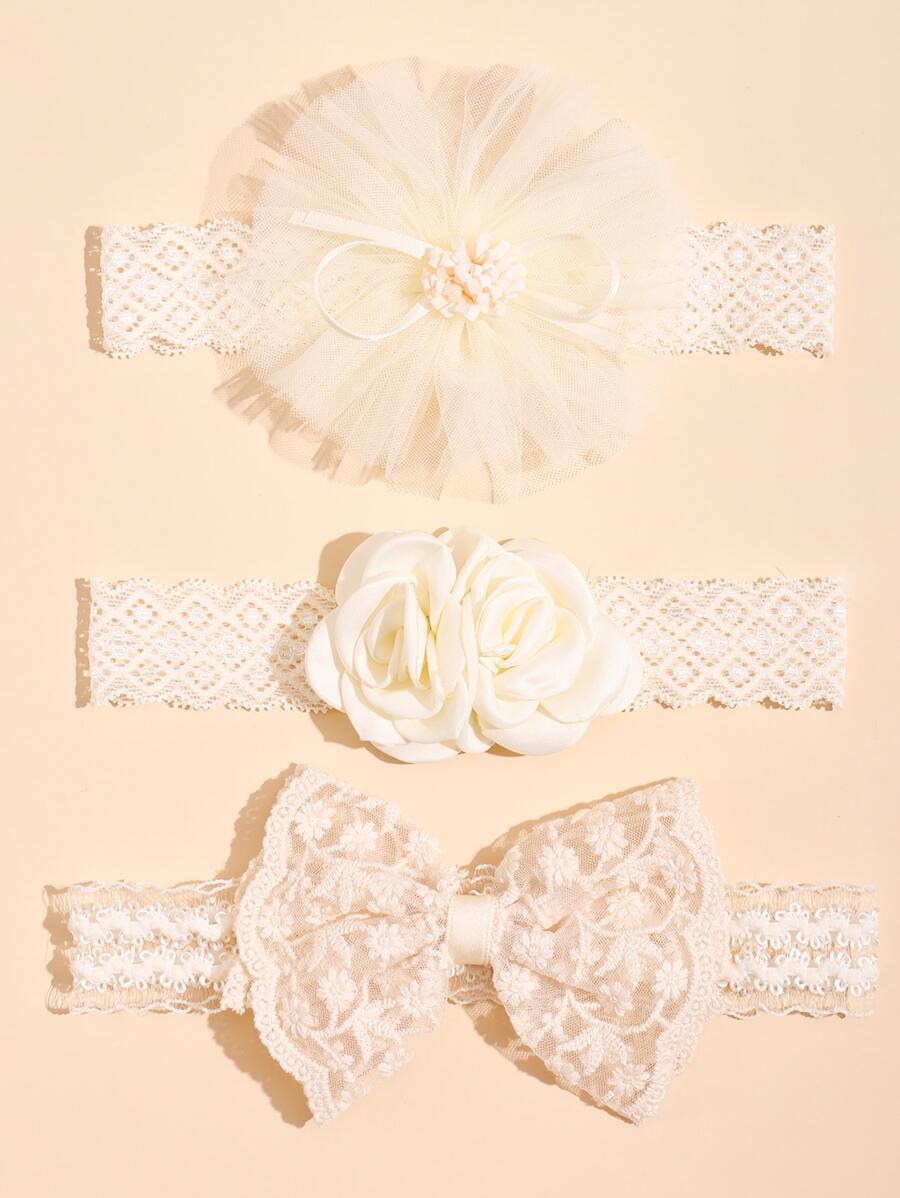 3 件装 女宝宝花朵蕾丝蝴蝶结防滑头带 适合婚礼或派对 情人节 - 米色 - 查看 1