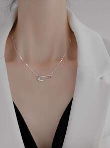 BALMORA 1 件 S925 纯银法式轻奢镀金回形针项链，配女士微镶嵌锆石别针、锁骨链、小众独特设计、生日礼物 - 銀色 - 查看 4