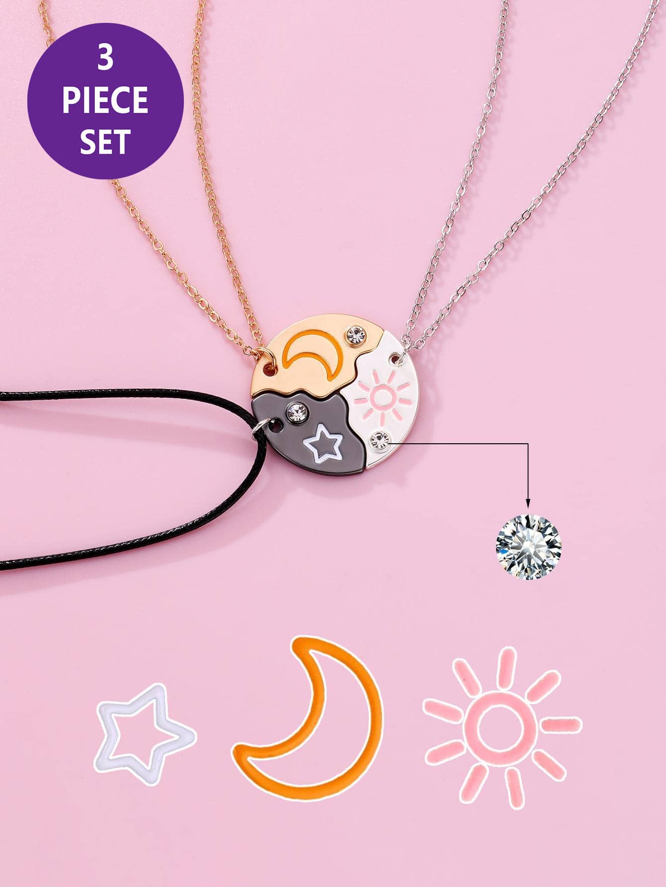 3pcs Girls Star Pattern Rhinestone Decor Zinc Alloy Geometric Pendant Necklace For Friend's Gift