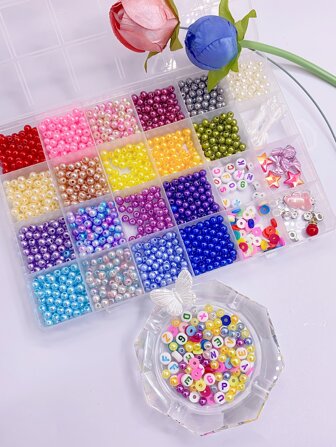 1 Box 24 Grids Colorful Abs Faux Pearl Beads With Straight Hole For Diy Handmade Beading Projects