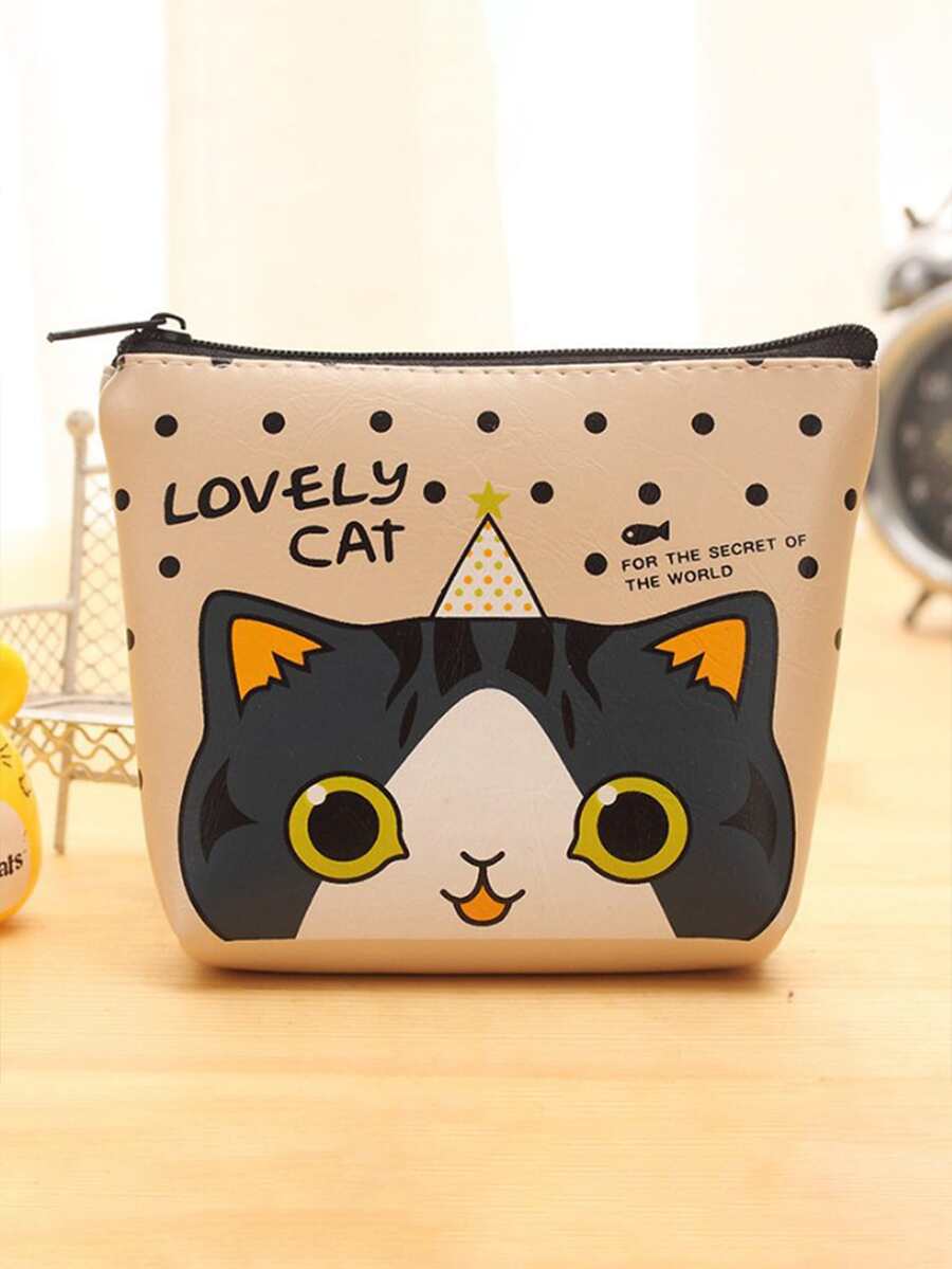 coreano estilo con estampado de gato de dibujos animados de moda PU cremallera Auricular Bolsa de almacenaje, Monedero - Multicolor - Ver 1