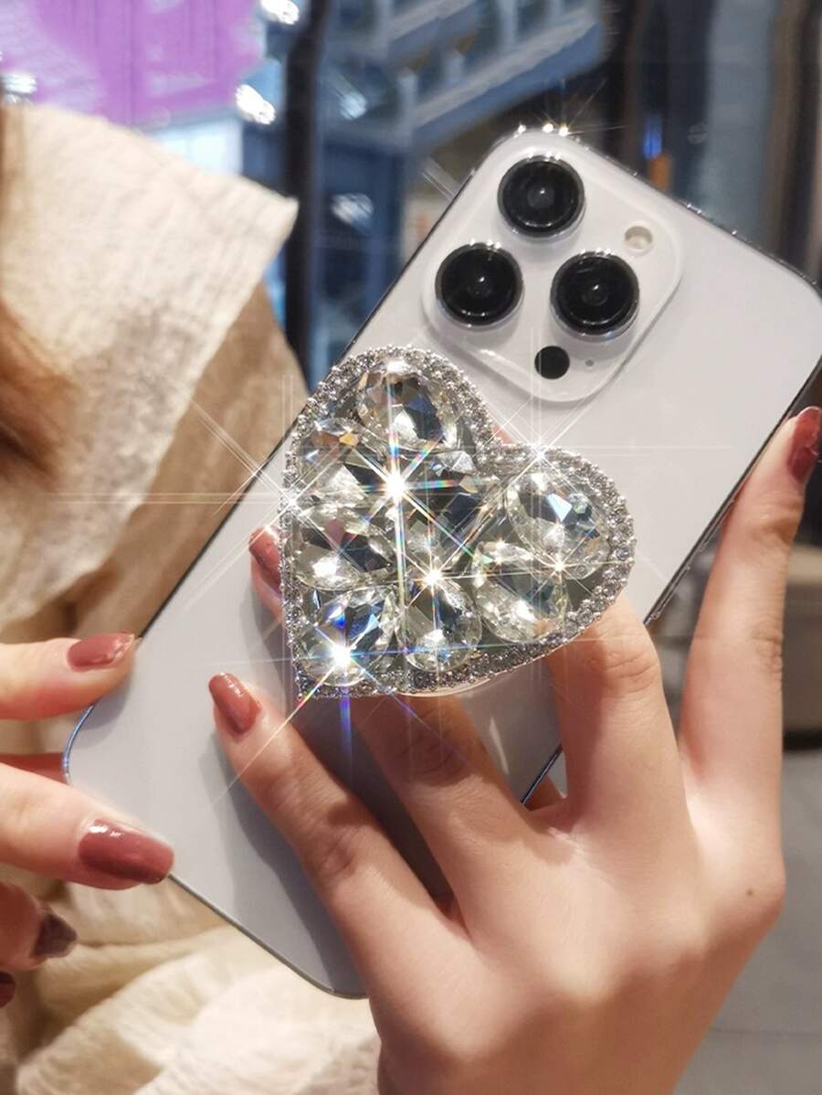 1pc Heart Shaped Rhinestone Decor Retractable Phone Grip Holder Compatible With IPhone, Android Phone, Gift For Birthday, Family, Friends Push-Pull Phone Grip, Phone Holder, Phone Accessories - Silver - View 1