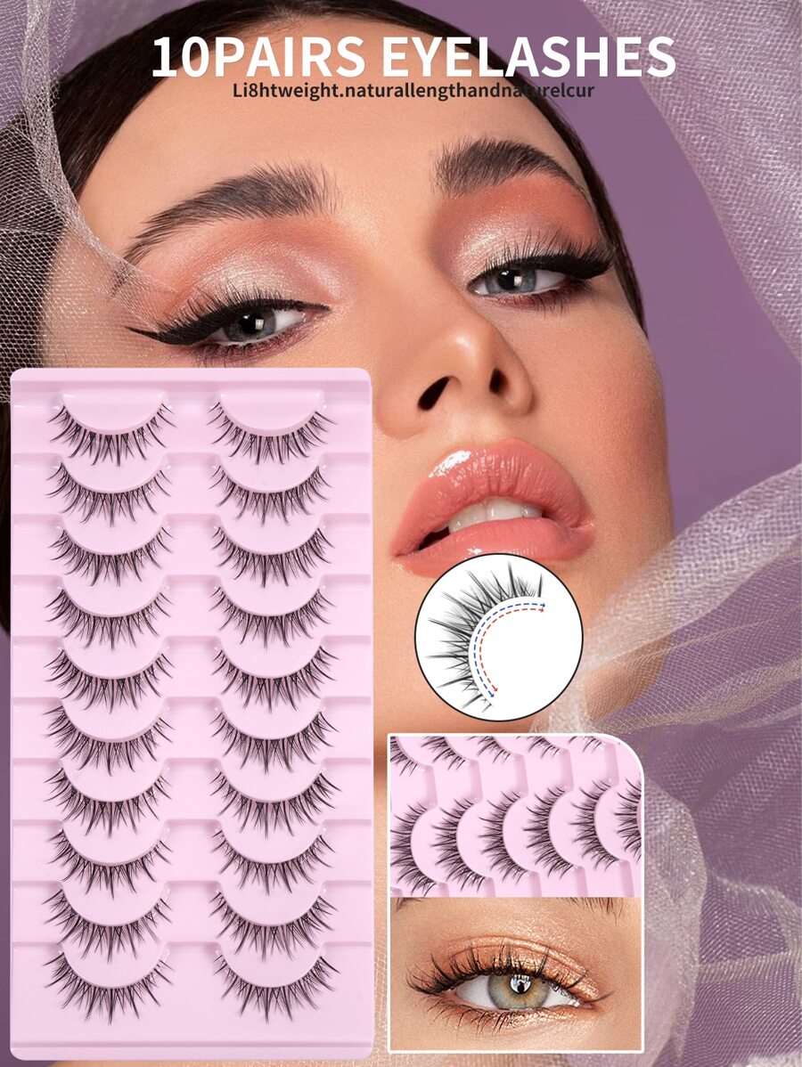 MAGEFY 10Pairs Of Natural Cross Full False Eyelashes With Clear Stem,Fluffy Slim For Everyday Use Manga Eyelashes, Travel Essentials - Black - View 1
