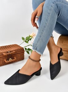 女性尖頭高跟鞋厚跟拖鞋,時尚適用於戶外,休閒穆勒鞋適合夏天 - 黑色 - 查看 2