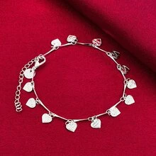 925 Sterling Silver Plated Heart Pendant Bracelet Chain Jewelry - Silver - View 1