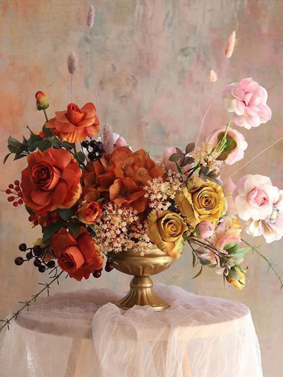 1pc European Retro Iron Flower Arranging Flower Vase Metal Flower Pot Home Hotel Table Flower Decoration Home Decor Room Decor Glass Vase - Gold - View 1