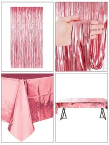 1件套粉色的生日派對裝飾用品成套工具,包括雨窗簾,一次性桌布,氣球和 - 粉色 - 查看 3