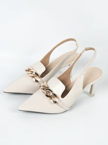 优雅女士高跟凉鞋，新款春夏白色闭趾细高跟鞋，适合派对、婚礼等场合，性感金属链条法式尖头高跟鞋，商务休闲正装鞋 - 米色 - 查看 3