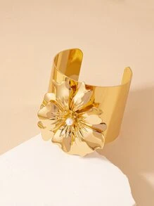 1pc Metal Wide Band With Floral Design Fashion Bracelet - Yellow Gold - View 3