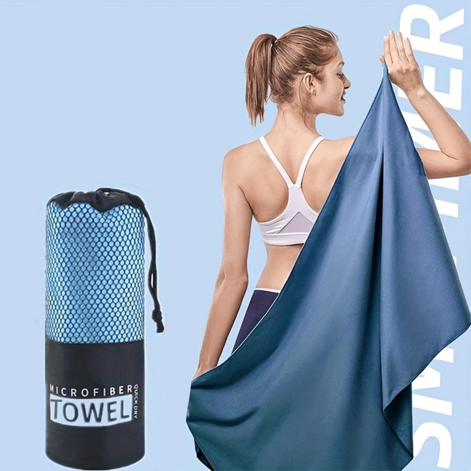 1件快幹毛巾毯,雙面絨面,可攜式瑜珈健身毛巾,吸水性超纖細運動毛巾毯 - 藍色 - 查看 1