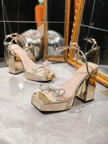 Women Transparent Tpu High Heeled Sandals With Rhinestone Bow Knot And Gold Colored Platform - Gold - View 7