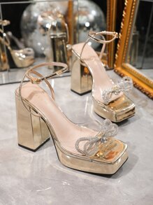 Women Transparent Tpu High Heeled Sandals With Rhinestone Bow Knot And Gold Colored Platform - Gold - View 8