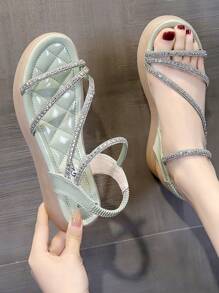 Fashionable Rhinestone Flat Sandals For Women, Summer - Green - View 2