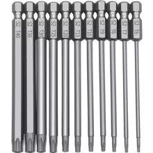 11 Cái Bộ mũi khoan tuốc nơ vít đầu Torx an ninh dài, Bộ mũi tuốc nơ vít Torx thép 1/4 inch chuôi lục giác S2, T6 T7 T8 T9 T10 T15 T20 T25 T27 T30 T40 - Bạc - Xem 1