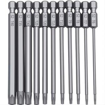 11Pcs Long Torx Security Head Screwdriver Drill Set, 1/4 Inch Hex Shank S2 Steel Torx Screwdriver Bit Set, T6 T7 T8 T9 T10 T15 T20 T25 T27 T30 T40,Tool Accessories