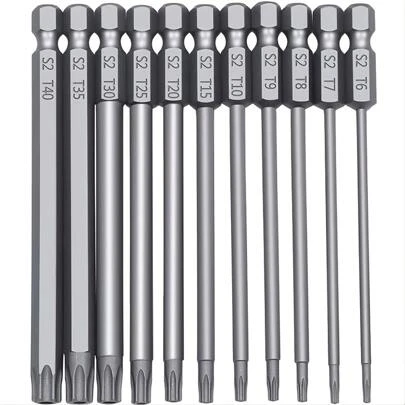 11Pcs Long Torx Security Head Screwdriver Drill Set, 1/4 Inch Hex Shank S2 Steel Torx Screwdriver Bit Set, T6 T7 T8 T9 T10 T15 T20 T25 T27 T30 T40,Tool Accessories