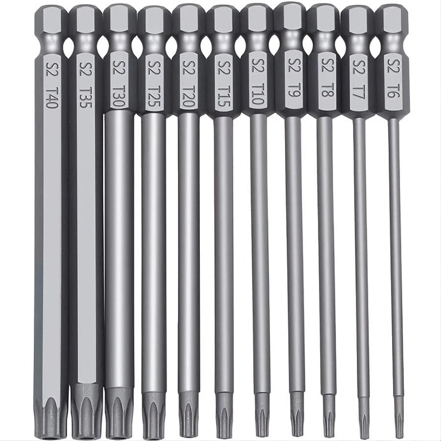 11 Cái Bộ mũi khoan tuốc nơ vít đầu Torx an ninh dài, Bộ mũi tuốc nơ vít Torx thép 1/4 inch chuôi lục giác S2, T6 T7 T8 T9 T10 T15 T20 T25 T27 T30 T40 - Bạc - Xem 1