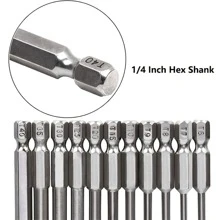 11 Cái Bộ mũi khoan tuốc nơ vít đầu Torx an ninh dài, Bộ mũi tuốc nơ vít Torx thép 1/4 inch chuôi lục giác S2, T6 T7 T8 T9 T10 T15 T20 T25 T27 T30 T40 - Bạc - Xem 5