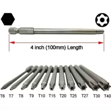11 Cái Bộ mũi khoan tuốc nơ vít đầu Torx an ninh dài, Bộ mũi tuốc nơ vít Torx thép 1/4 inch chuôi lục giác S2, T6 T7 T8 T9 T10 T15 T20 T25 T27 T30 T40 - Bạc - Xem 2