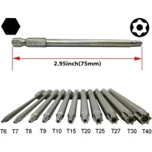 11 Cái Bộ mũi khoan tuốc nơ vít đầu Torx an ninh dài, Bộ mũi tuốc nơ vít Torx thép 1/4 inch chuôi lục giác S2, T6 T7 T8 T9 T10 T15 T20 T25 T27 T30 T40 - Bạc - Xem 3