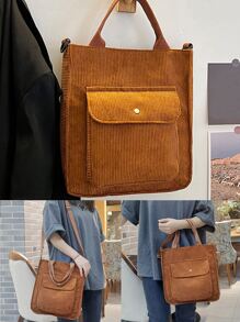 女性燈芯絨單肩包大容量手提包休閒托特包女性購物斜挎包復古郵差包 - 棕色 - 查看 2