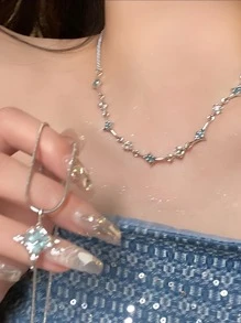 1pc Double Layer Blue Zirconia Star Necklace, Unique Design, High-Quality, Suitable For Women's Daily Wear, Summer New Arrival - four pointed star - View 2