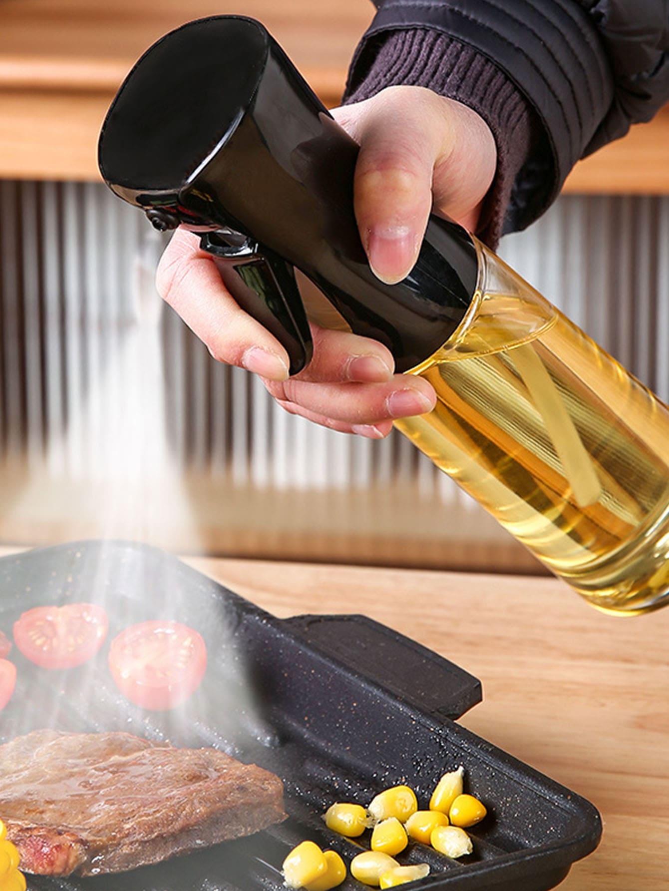 廚房高壓噴油瓶適用於戶外燒烤,空氣炸鍋,平底鍋,牛排,烹飪油玻璃水瓶 - 黑色 - 查看 1