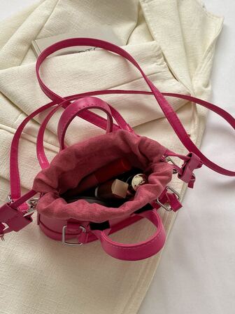 Solid Color & Minimalist Style Square Shape Bag With Drawstring & Letter Print Design For Women