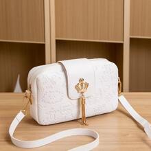 Girls Cartoon Embossed Square Bag Crown & Tassel Decor - White - View 3