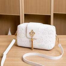 Girls Cartoon Embossed Square Bag Crown & Tassel Decor - White - View 4
