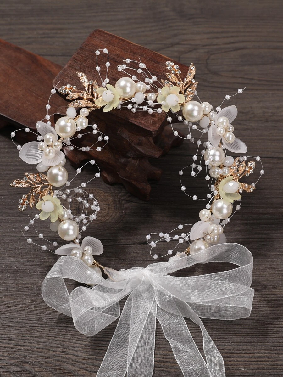 1件优雅合金三叶珍珠发箍，适合新娘、伴娘、女孩佩戴 - 彩色 - 查看 1