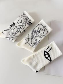 3 双女士中筒袜，米色袜子，抽象人物图案简约设计，适合秋季日常穿着 - 彩色 - 查看 5
