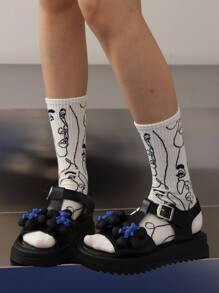 3 双女士中筒袜，米色袜子，抽象人物图案简约设计，适合秋季日常穿着 - 彩色 - 查看 2