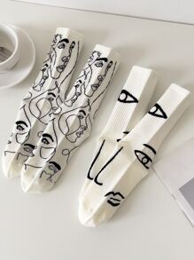 3 双女士中筒袜，米色袜子，抽象人物图案简约设计，适合秋季日常穿着 - 彩色 - 查看 7