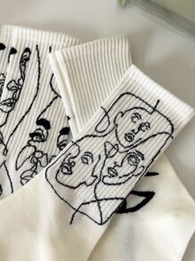 3 双女士中筒袜，米色袜子，抽象人物图案简约设计，适合秋季日常穿着 - 彩色 - 查看 6