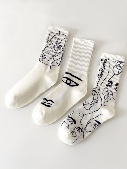 3 Pairs Women's Medium Crew Socks, Beige Socks With Abstract Human Figure Minimalistic Design, Suitable For Daily Wear, Fall