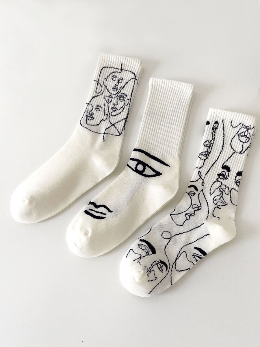 3 双女士中筒袜，米色袜子，抽象人物图案简约设计，适合秋季日常穿着 - 彩色 - 查看 1