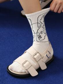 3 双女士中筒袜，米色袜子，抽象人物图案简约设计，适合秋季日常穿着 - 彩色 - 查看 4