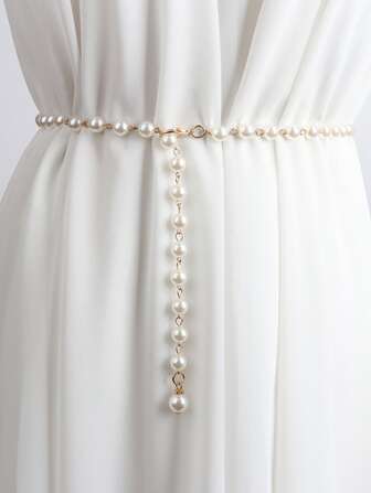 Elegant New Arrival Fashionable Faux Pearl Waist Chain For Women, Retro Style Single Layer Body Jewelry Halloween Summer, School Fall, Autumn, Halloween