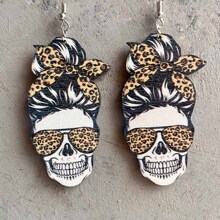 Funny Independence Day Long Skull Wooden Drop Earrings For Women Jewelry Gift - Brown - View 1