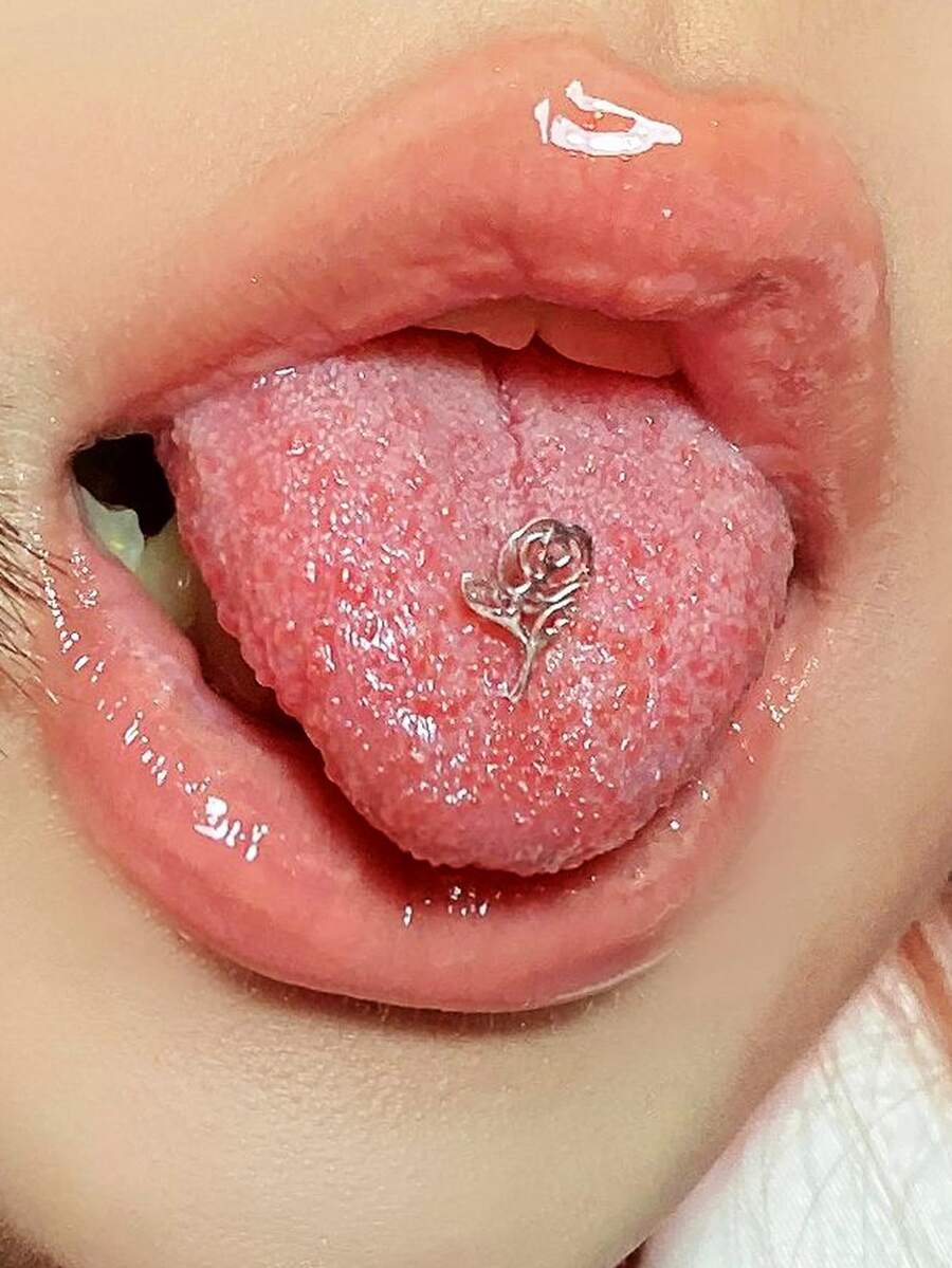 1 pieza Piercing de lengua plata de acero inoxidable rosa flor - Plateado - Ver 1