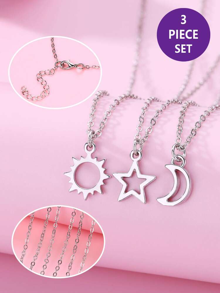 Set Of 3 Zinc Alloy Silver-Colored Iron Chain Necklaces For Girls, Decorated With Cute Sun, Moon And Pentagram Pendants. Suitable For Mother's Day, Mother And Daughter To Wear As Jewelry.