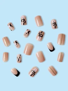 24 cái Ngắn Hình vuông Sai Móng tay Bộ Với Long lanh Con rắn Mặt trăng Phong cách Pháp Thiết kế , Che đậy hoàn toàn Nhấn Móng tay , Thích hợp Đối với phụ nữ Và Cô gái - màu đen - Xem 3