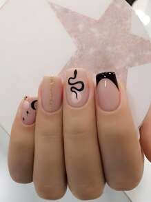 24 cái Ngắn Hình vuông Sai Móng tay Bộ Với Long lanh Con rắn Mặt trăng Phong cách Pháp Thiết kế , Che đậy hoàn toàn Nhấn Móng tay , Thích hợp Đối với phụ nữ Và Cô gái - màu đen - Xem 1