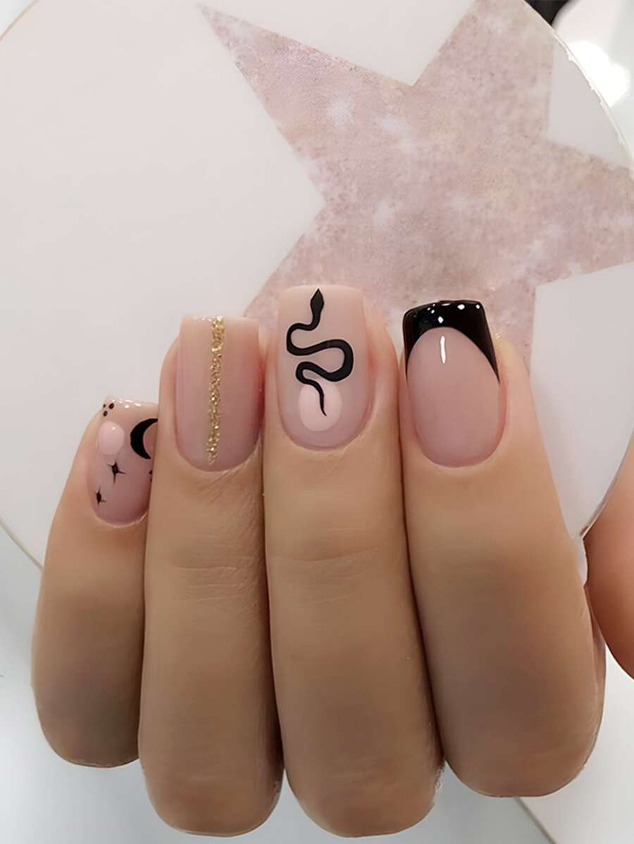 24 cái Ngắn Hình vuông Sai Móng tay Bộ Với Long lanh Con rắn Mặt trăng Phong cách Pháp Thiết kế , Che đậy hoàn toàn Nhấn Móng tay , Thích hợp Đối với phụ nữ Và Cô gái - màu đen - Xem 1