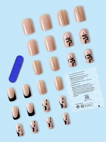 24 cái Ngắn Hình vuông Sai Móng tay Bộ Với Long lanh Con rắn Mặt trăng Phong cách Pháp Thiết kế , Che đậy hoàn toàn Nhấn Móng tay , Thích hợp Đối với phụ nữ Và Cô gái - màu đen - Xem 2