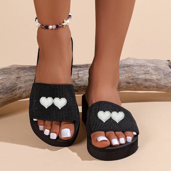 Plus Size Thick Soled Minimalist Style Women's Sandals With Rhinestone Heart, Faux Pearl & Beads Decor, Beach Slippers, Flip Flops