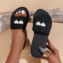 Plus Size Thick Soled Minimalist Style Women's Sandals With Rhinestone Heart, Faux Pearl & Beads Decor, Beach Slippers, Flip Flops